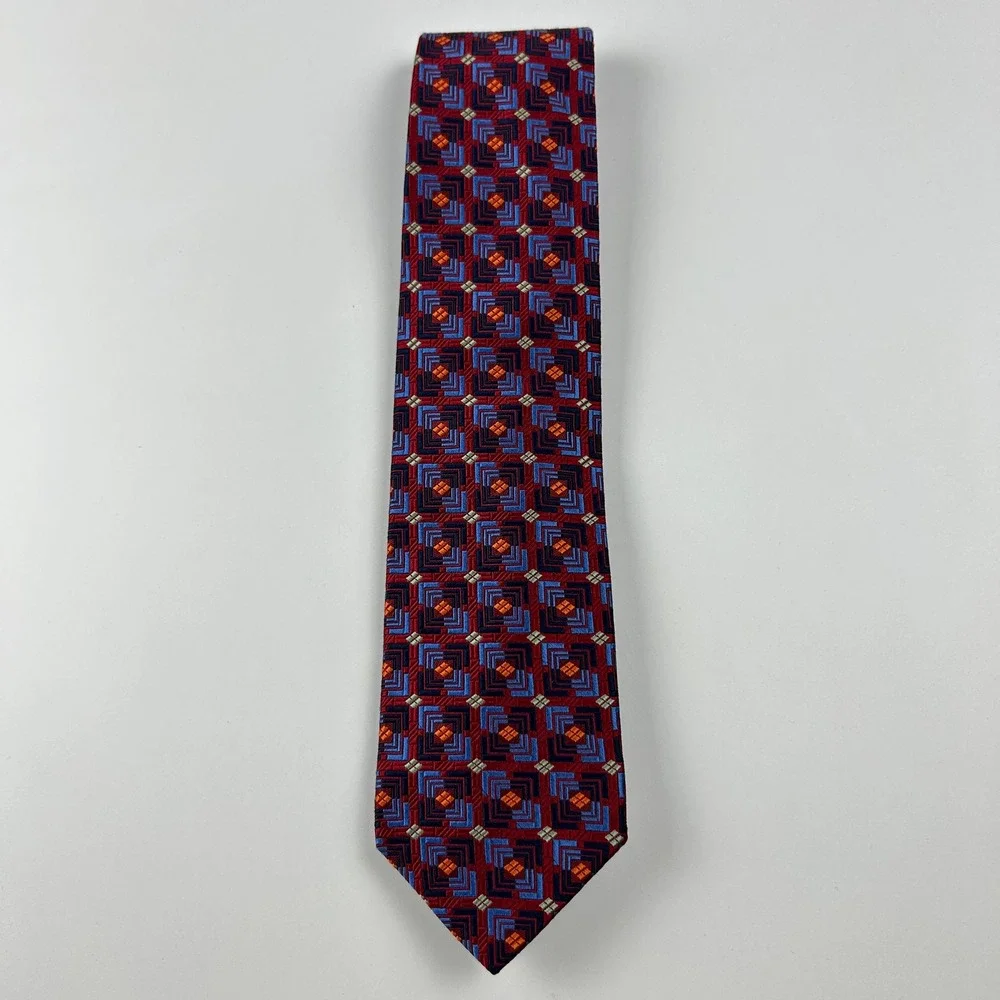 Vintage Mark Pendleton‎ Red Blue Orange Geometric 100% Silk Tie USA